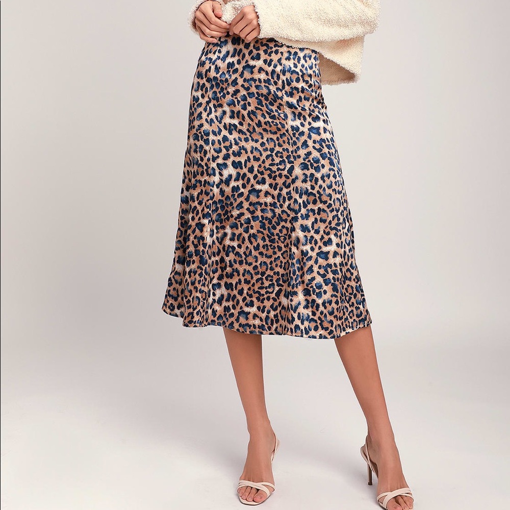 Lulus Tan & Navy Leopard Print Satin Midi Skirt